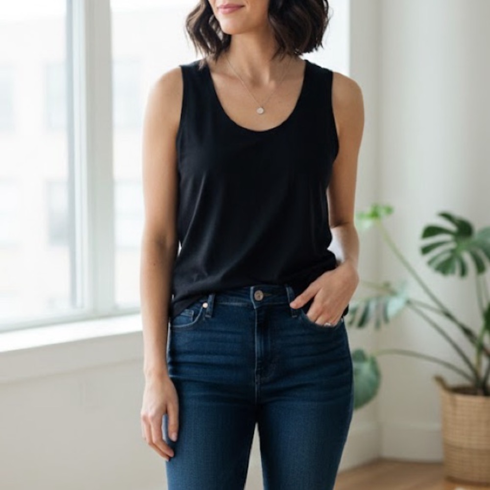EILEEN FISHER Black Rayon Knit Sleeveless Top Stretch Shell Women’s Small - Picture 2 of 5